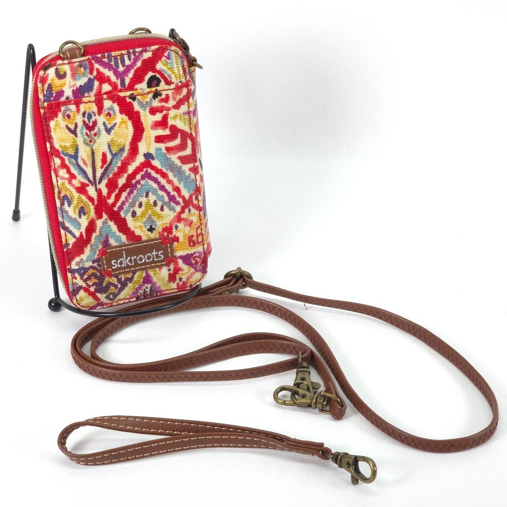 Sakroots Crossbody‎ Wristlet Wallet Abstract Floral Zip Around Boho Chic Studded